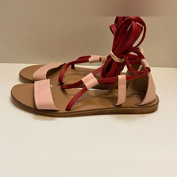 Anthropologie Liendo Pink Red Leather Sandals Strappy Flat Ankle Tie shoes - Picture 4 of 11